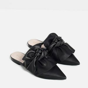 Zara Black Leather Ruffle Slides